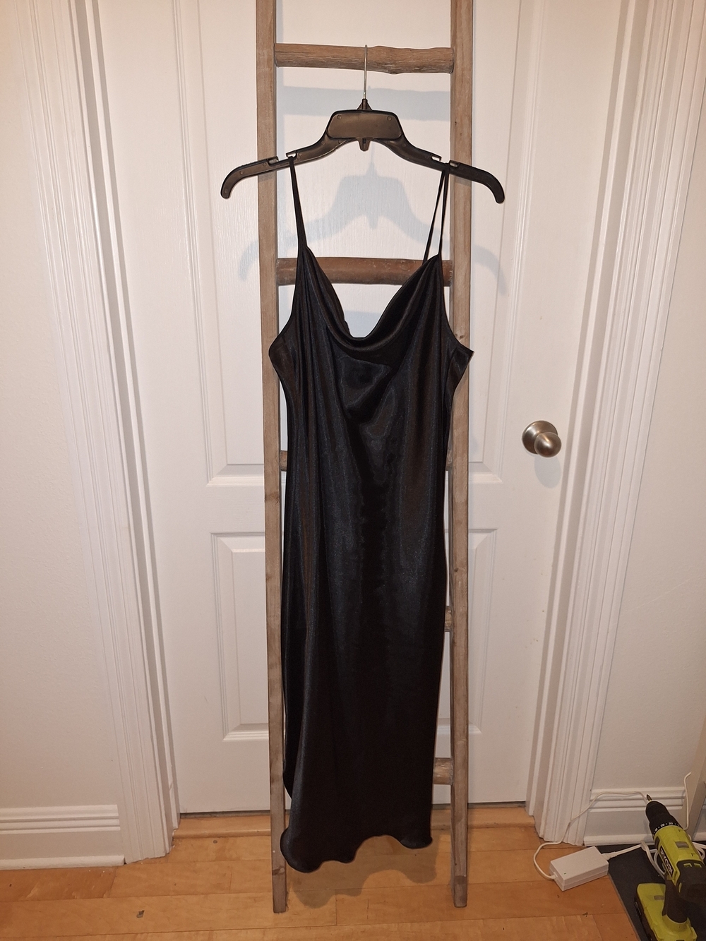 Bebe Black Satin Slip Dress with Cowl Neck